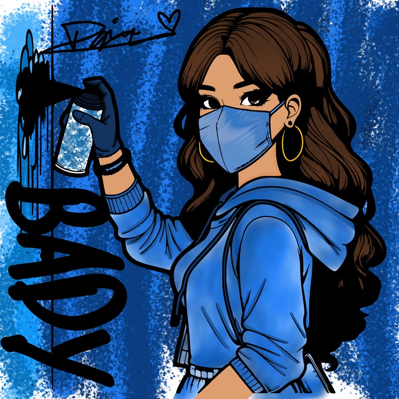 realistic girl with mask spray painting a wall