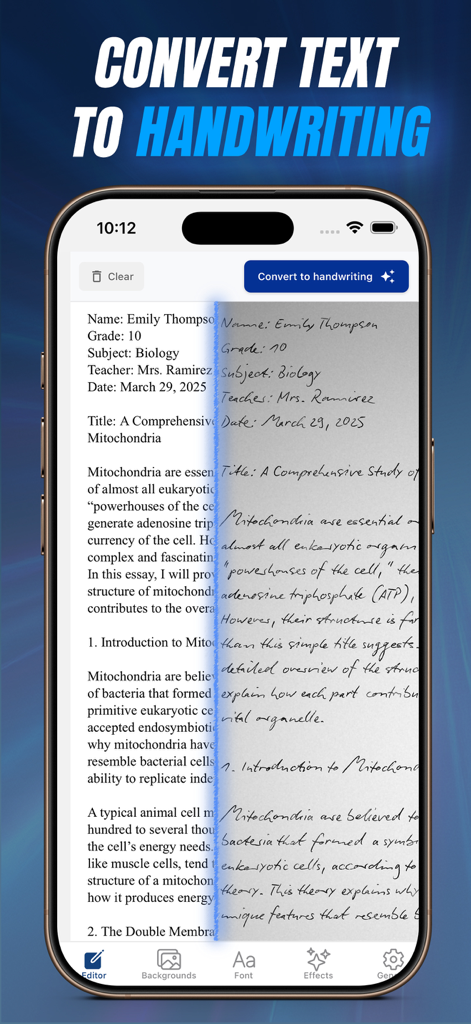 CursiveAI: Text to Handwriting - A mobile interface showing typed text being converted into a realistic handwritten essay with a split-screen view.