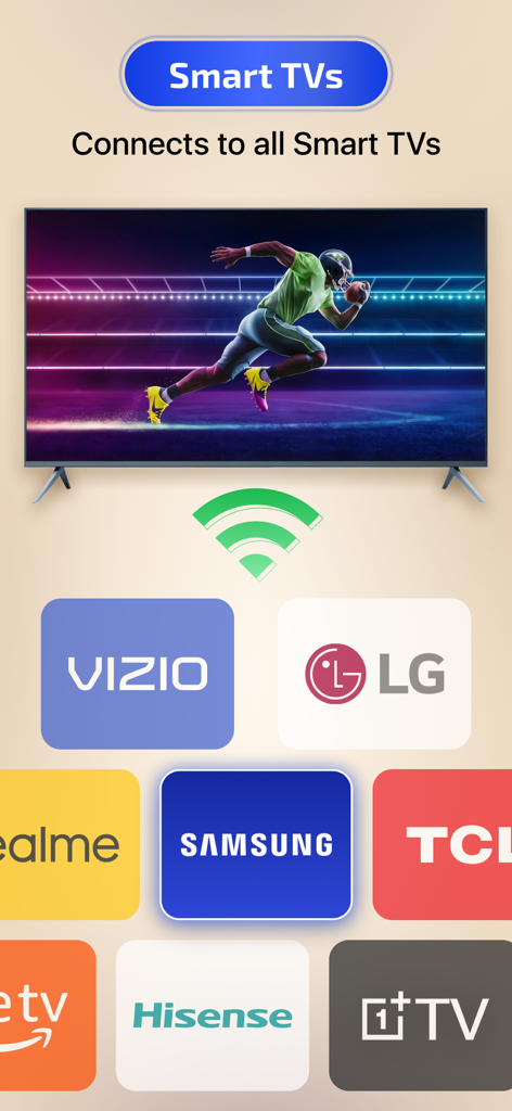 App Smart View che mostra la compatibilità con tutte le principali marche di TV smart come Samsung LG Vizio e TCL