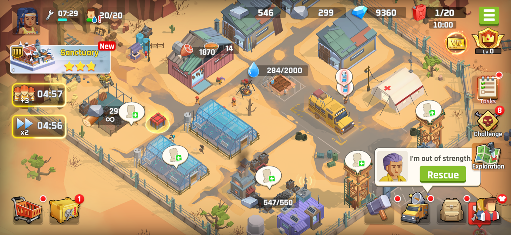 An isometric view of a survival settlement with greenhouses and resource icons in City of Survivors