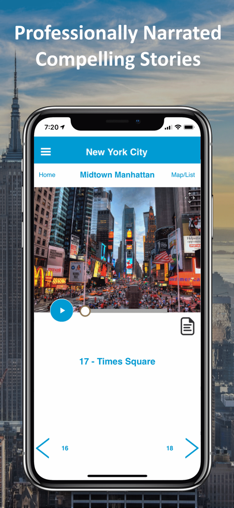 New York City GPS Audio Tour - Screenshot of the New York City GPS Audio Tour app displaying an audio guide for Times Square with professional narration.