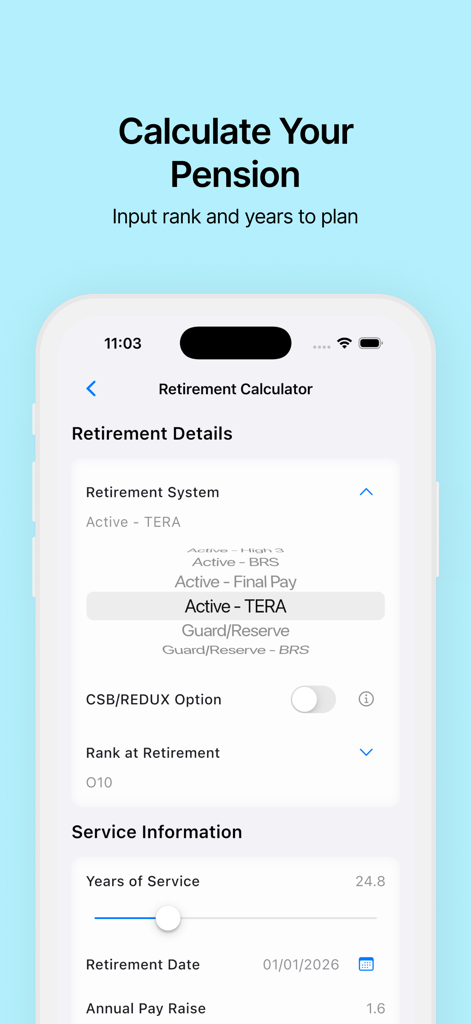 Military Retirement Calculator - Interface of the Military Retirement Calculator app showing pension calculation details including rank and years of service