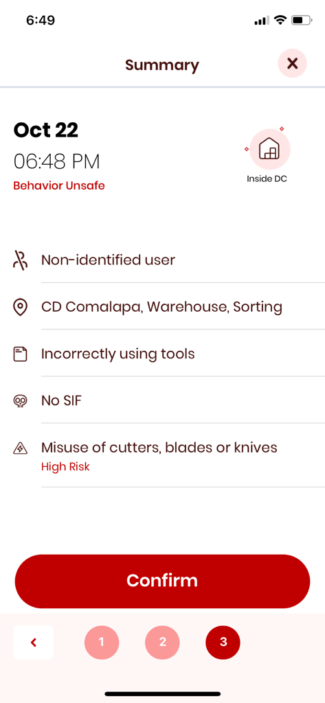 Safety 360 - ABInBev - Resumen de un informe de seguridad en la aplicación Safety 360 que muestra detalles de un incidente de comportamiento inseguro en un almacén.