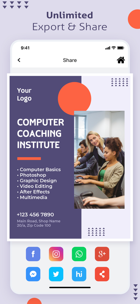 Poster Maker, Flyer Maker - Mobile app interface showing options to export and share a custom flyer for a computer coaching institute to social media platforms.