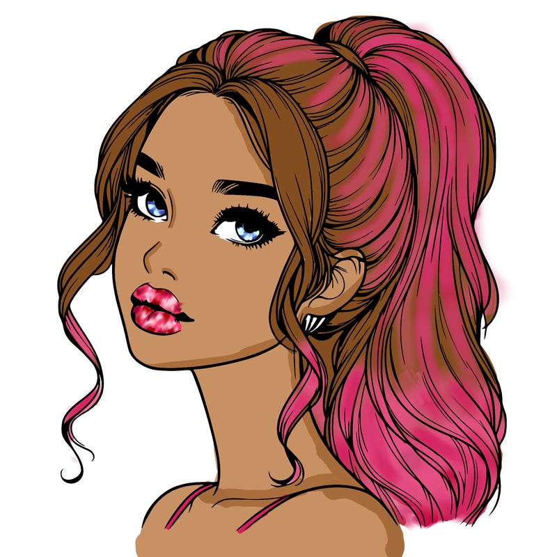 realistic girl with a ponytail on her hair and lips