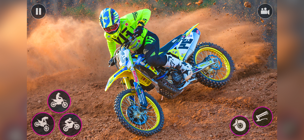 MX Dirt Bike Racing: Motocross - A motocross rider in neon yellow gear drifting on a dirt track with game control and stunt icons