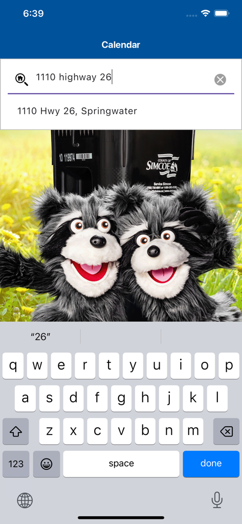 Address search for waste collection schedule in the Simcoe County Collects app