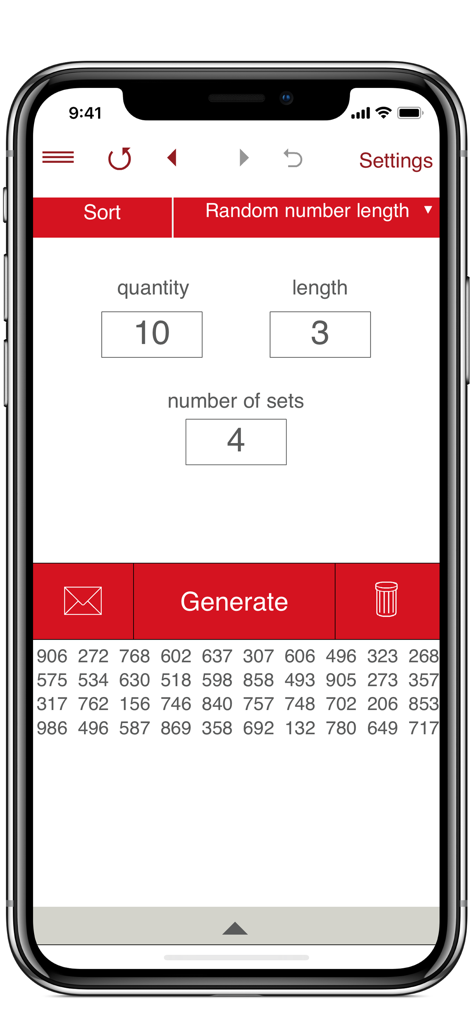 Interfaz de la aplicación Random Number Generator que muestra la configuración de cantidad y longitud con conjuntos de números generados