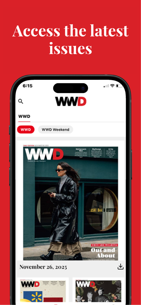 Interface do aplicativo WWD mostrando a edição digital diária para profissionais da indústria da moda
