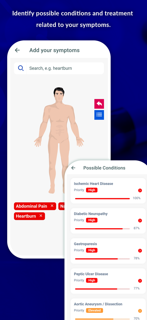 Symptom checker screen with body illustration and list of possible medical conditions