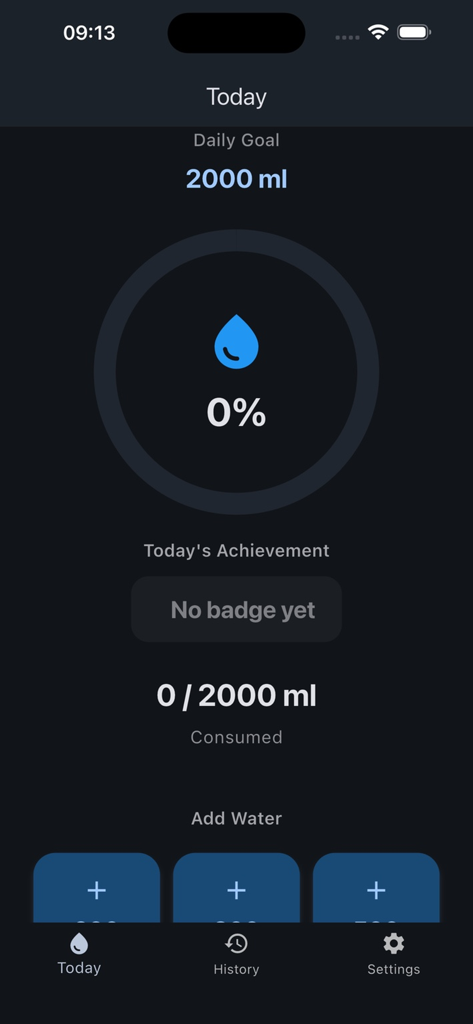 Interface do aplicativo móvel AquaSprout mostrando o progresso da ingestão diária de água e o rastreamento de metas em modo escuro