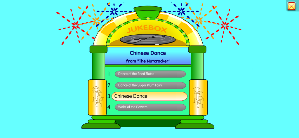 Starfall It's Fun to Read - Una colorida interfaz de máquina de discos en la aplicación Starfall con selecciones de música clásica de El Cascanueces