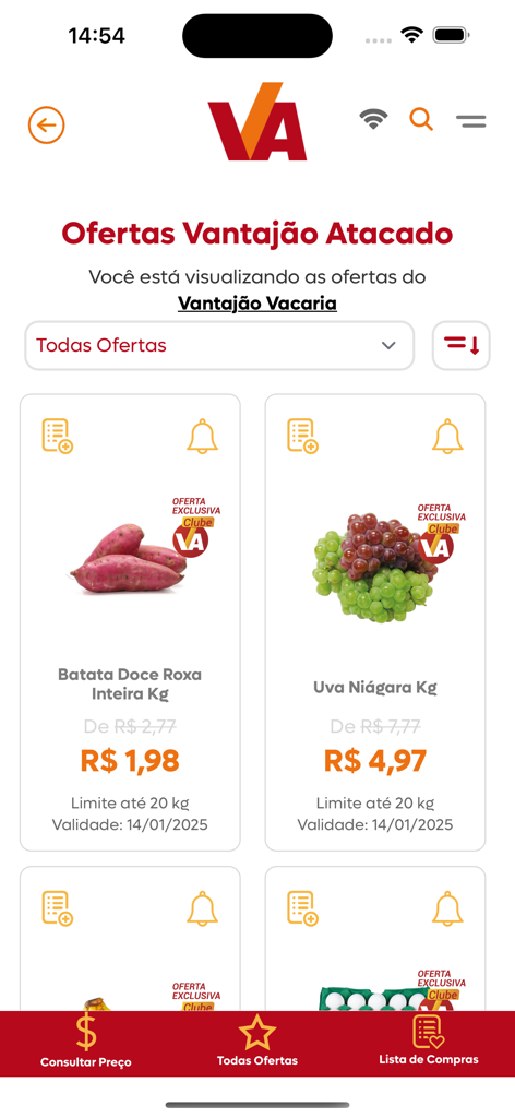 Vantajão Atacado - Vantajao Atacado app displaying grocery deals on sweet potatoes and grapes