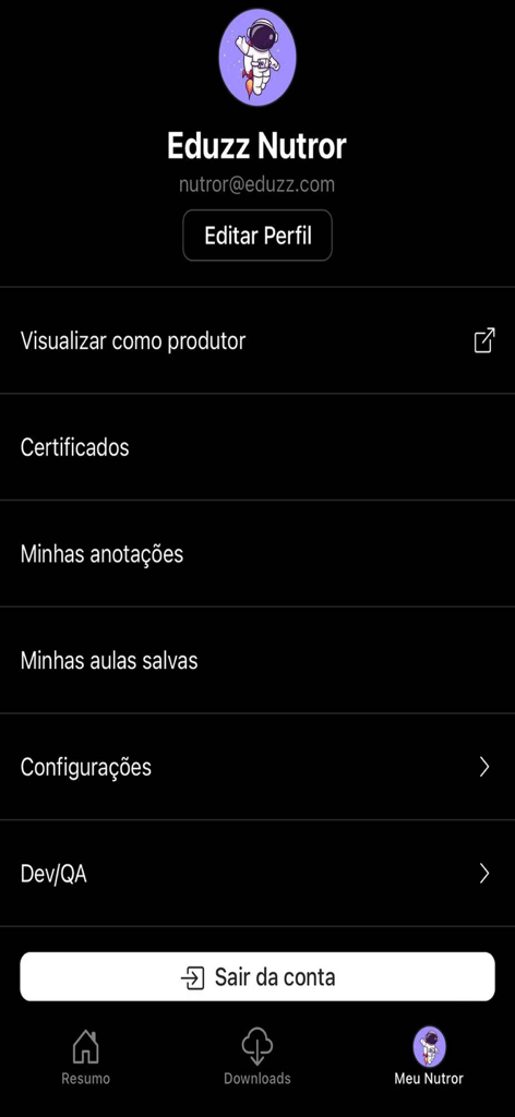 Tela de perfil de usuário do aplicativo de educação Nutror com opções para certificados e configurações