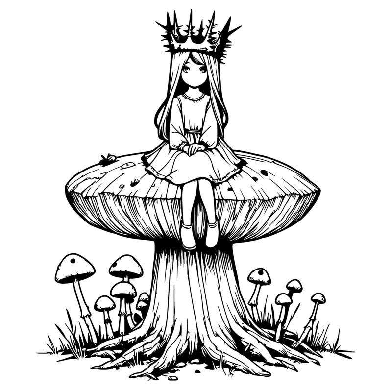 realistic girl sitting on a huge tree stump size toadstool with thorn crown