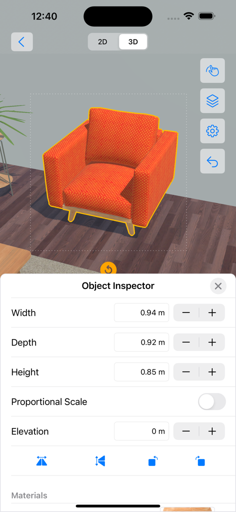 Using the Object Inspector to adjust dimensions of an orange armchair in the 4Plan 3D interior design view
