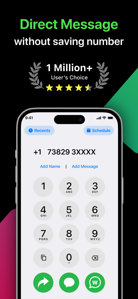 Direct Message : Click to Chat - Direct Message app interface showing a phone dialer and the option to chat without saving a number