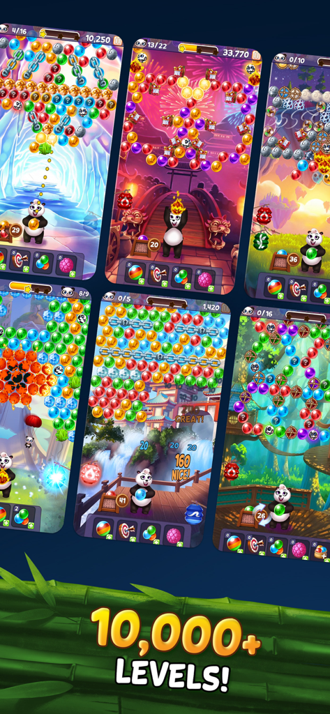 Colagem de telas de jogabilidade do atirador de bolhas Panda Pop mostrando níveis coloridos e um personagem panda fofo.