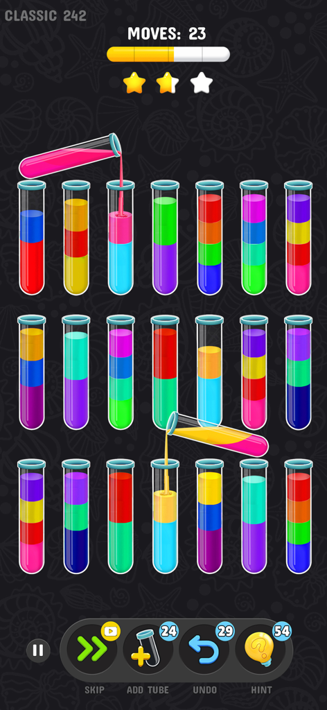 Gameplay screen of Color Water Sort Puzzle 3D showing colored liquid being poured between test tubes