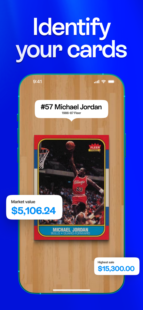 Cardstock: Sports Card Scanner - Cardstock app identifying a Michael Jordan basketball card with market value and sales data
