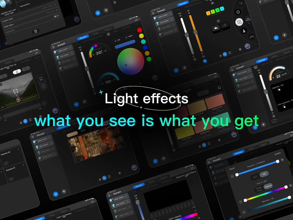 NEEWER Studio Tablet - A collection of screenshots from the NEEWER Studio Tablet app displaying various professional lighting control settings and color options.