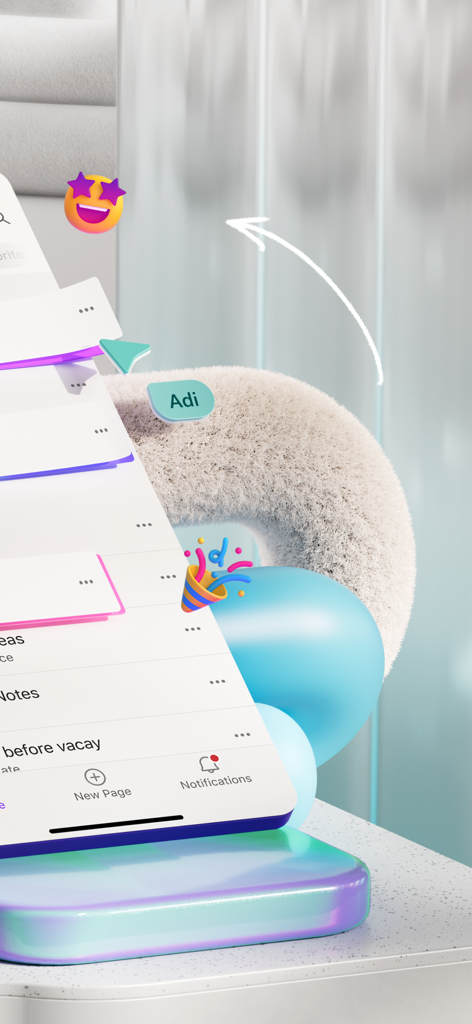 Microsoft Loop - 共同タスクと遊び心のある絵文字を備えた Microsoft Loop モバイルインターフェイスの抽象的な表現。