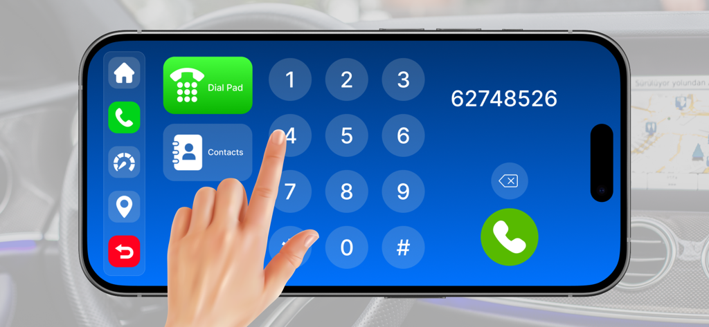 Entune app suite: Car Sync - A smartphone interface showing a large blue dial pad for hands-free calling in a car environment
