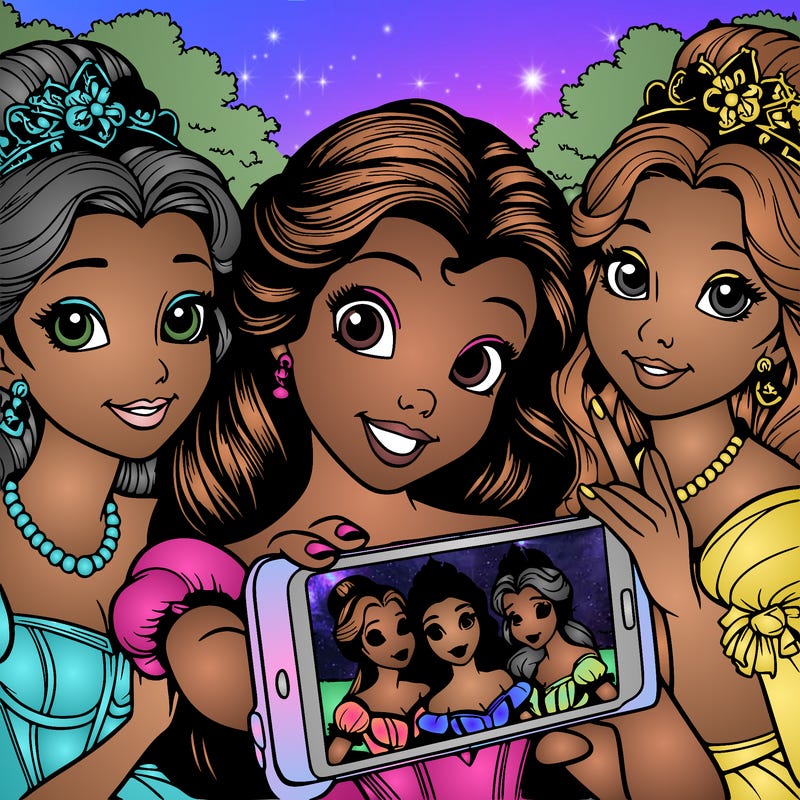 fairytale princesses who take a selfie together realistic