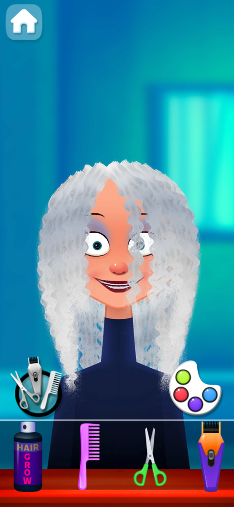 Hair Salon Star - hairdresser - Gameplay of Hair Salon Star showing a cartoon character with long white hair and hairdressing tools