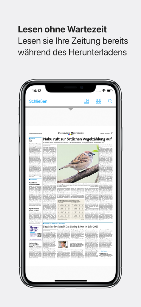Digital newspaper page with a local news article displayed on the OM-E-Paper app.