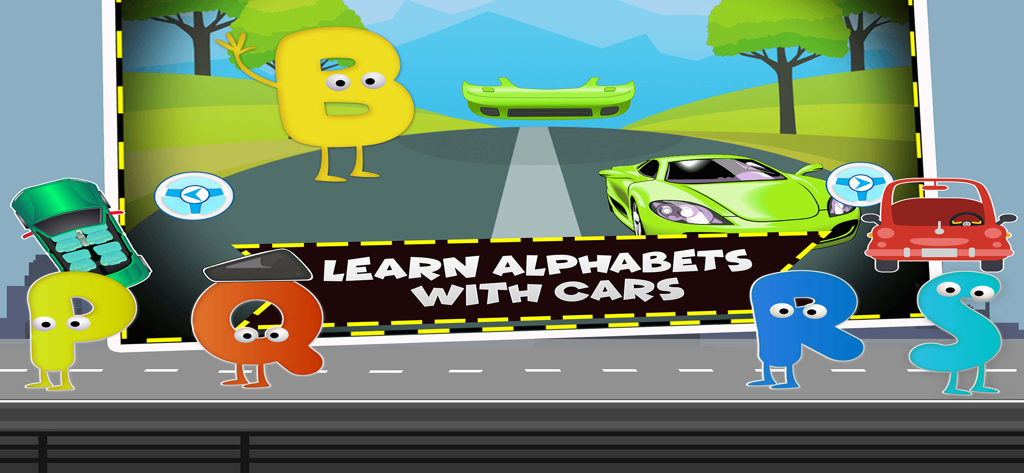 Educational game screen with animated alphabet letters and colorful cars for kids