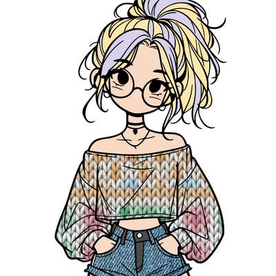 girl with a messy ponytail glasses a baggy crop top and jean shorts