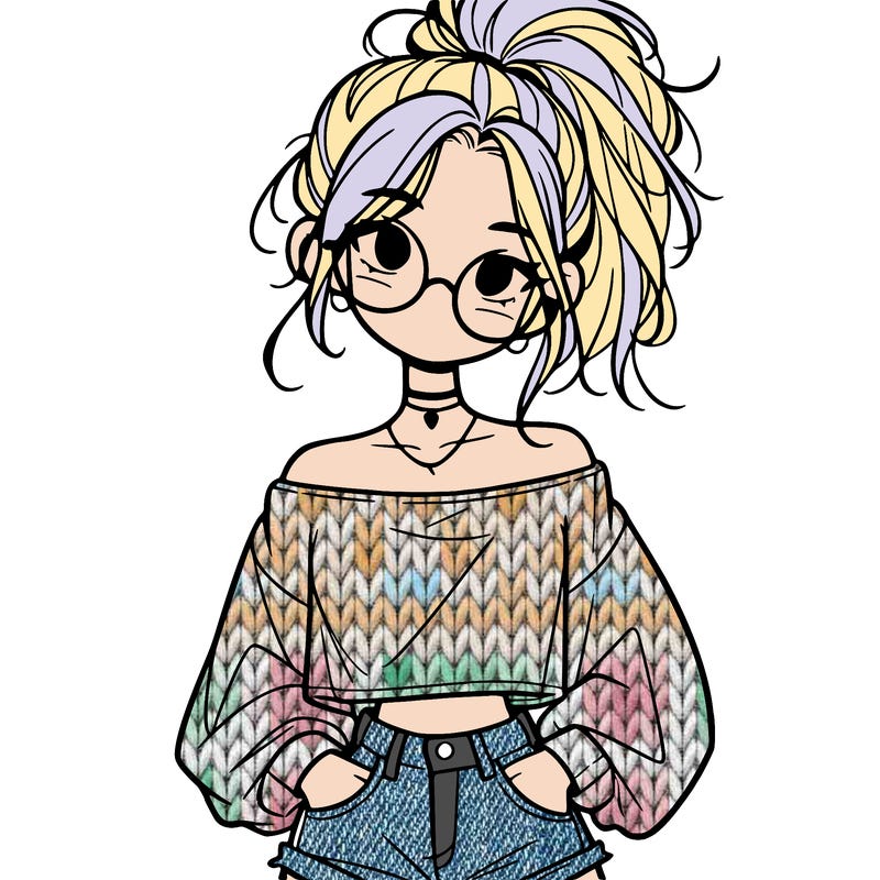 girl with a messy ponytail glasses a baggy crop top and jean shorts