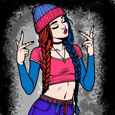 realistic teenage girl with braids and a beanie and crop top doing 🫶🏼