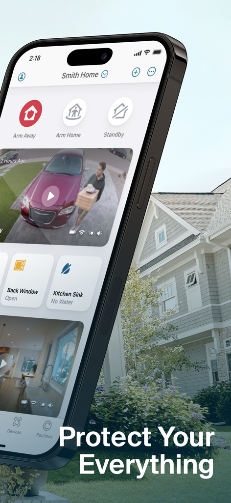 Arlo Secure app interface on a smartphone showing home security controls and a camera feed of a delivery person
