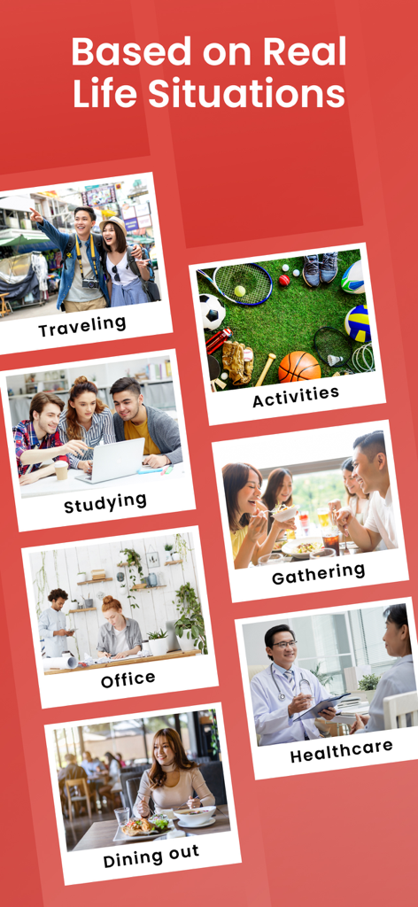 Learn & Speak Fluent Forever - 旅行、勉強、オフィス、食事など、さまざまな実生活の状況別のトピックを表示するCapable言語学習画面