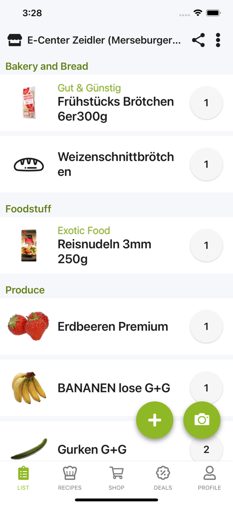 Digital grocery shopping list in the EASY Shopper app featuring categorized items like produce and bakery goods with quantities and a scan button