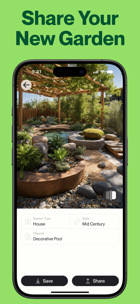 A smartphone showing an AI-generated garden design in mid-century style with a decorative pool and sharing options.