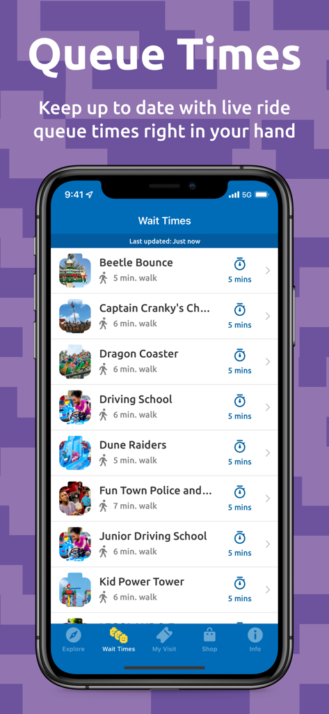 LEGOLAND California - Official - Interface of LEGOLAND California app displaying live queue times for park attractions