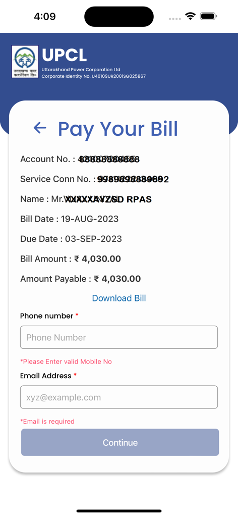 UPCL Consumer Self Service app Pay Your Bill interface showing electricity bill details and contact fields