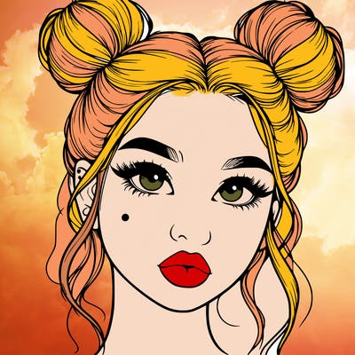 realistic girl with two buns on her hair and lips