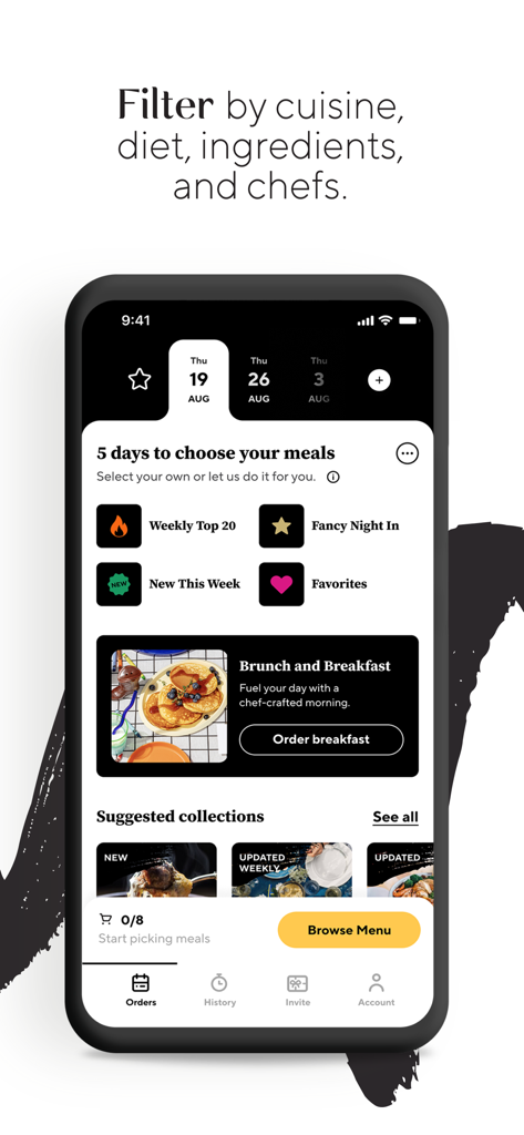 Mobile app screen for CookUnity showing meal selection and chef-crafted menu categories.