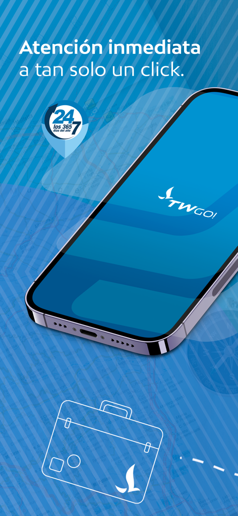 Terrawind TWGo mobile App auf einem Smartphone-Bildschirm, die 24/7-Reisehilfe bewirbt