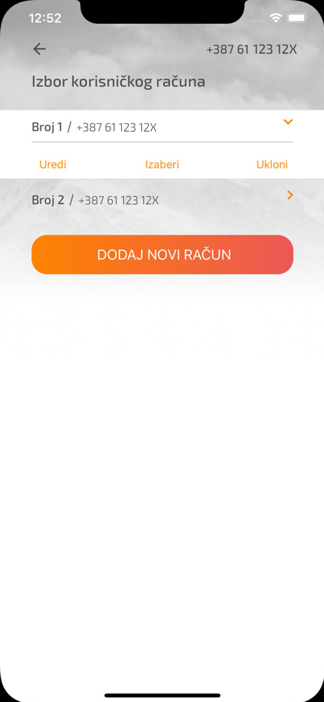 Moj BH Telecom - Interface of the Moj BH Telecom app for managing multiple user accounts with an option to add a new account.