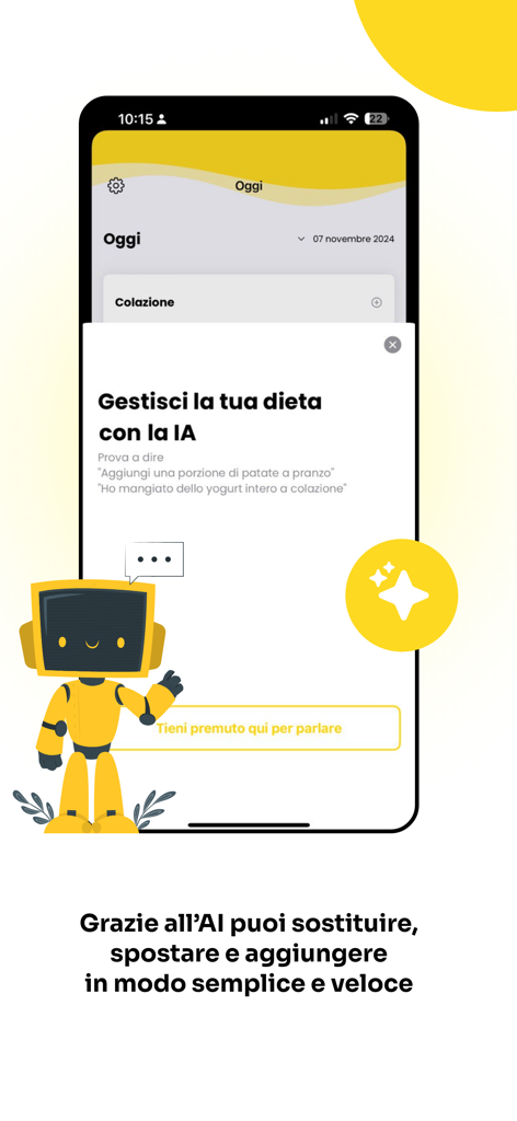 Una interfaz móvil que muestra un asistente de voz de IA para gestionar porciones de comidas y seguimiento de la dieta en la aplicación Dieta a Porzioni.