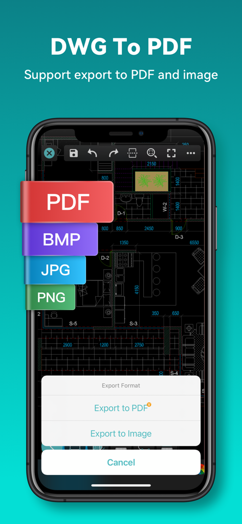 Schermo dello smartphone che mostra l'interfaccia dell'app DWG FastView con opzioni per esportare una planimetria CAD in PDF e vari formati immagine