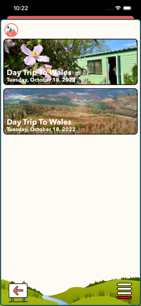 Travel Log App - Une liste d'entrées de voyage dans l'application Travel Log présentant un voyage d'une journée au Pays de Galles avec des photos et des dates.