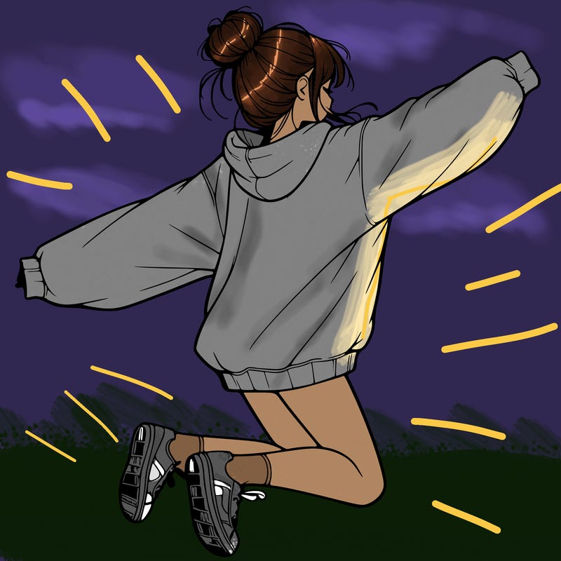 realistic girl jumping with a bun and oversized sweatshirt