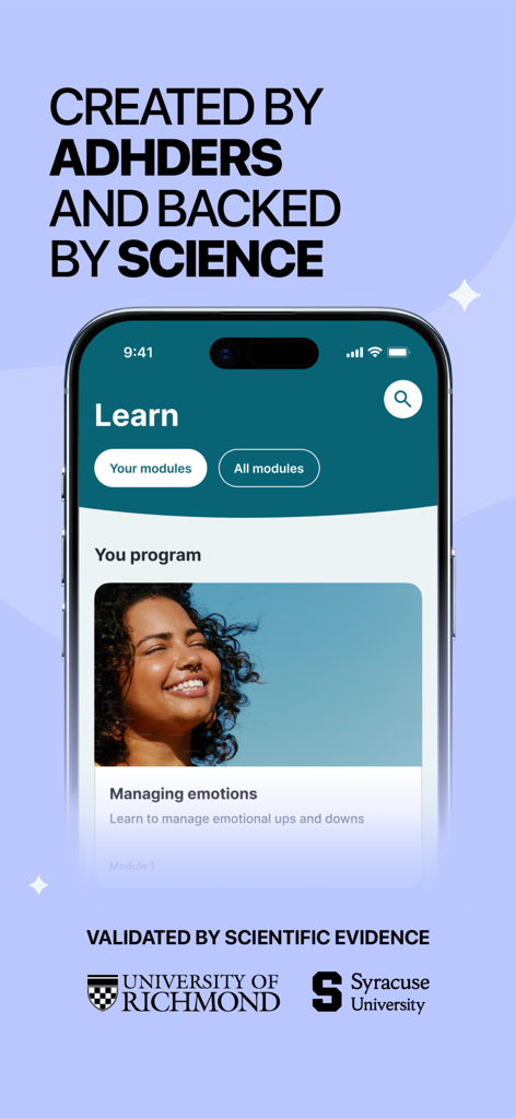 Inflow - Manage Your ADHD - Smartphone che mostra i moduli di apprendimento per ADHD di Inflow convalidati dalle Università di Richmond e Syracuse.