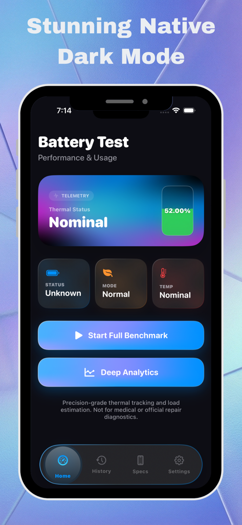 Battery Life Health: Pro Check - Battery Life Health Pro Check app home screen in dark mode showing thermal status and benchmarking buttons